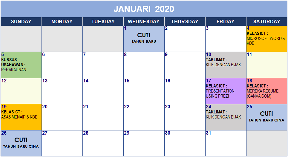 Kalendar 1 Jan 2020